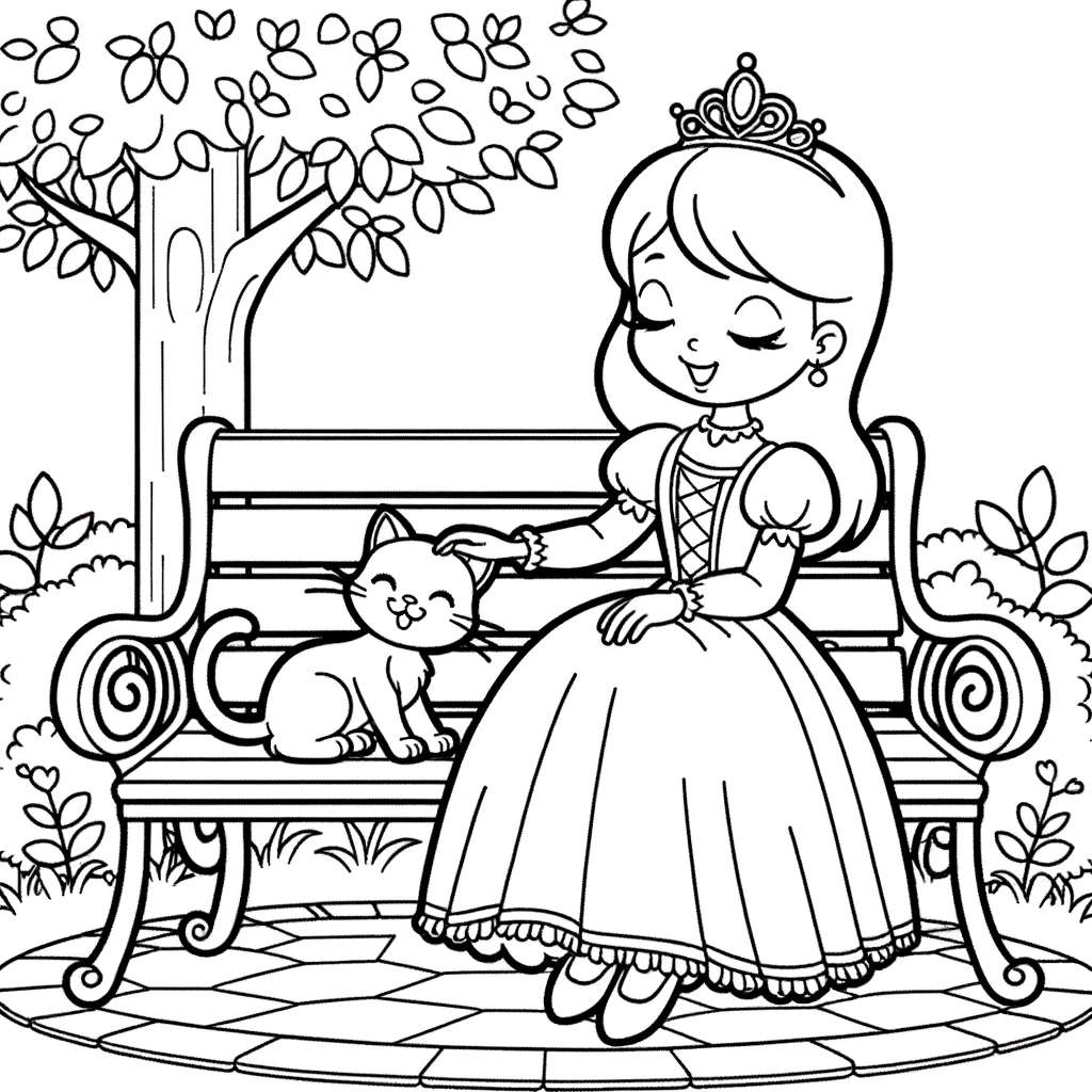 דפי צביעה לילדים - נסיכות רוקדות: תיאורים מלאי חיים של נסיכות במחול, מושלמים לפיתוח יצירתיות ודמיון בצביעה.נסיכה מלטפת חתול